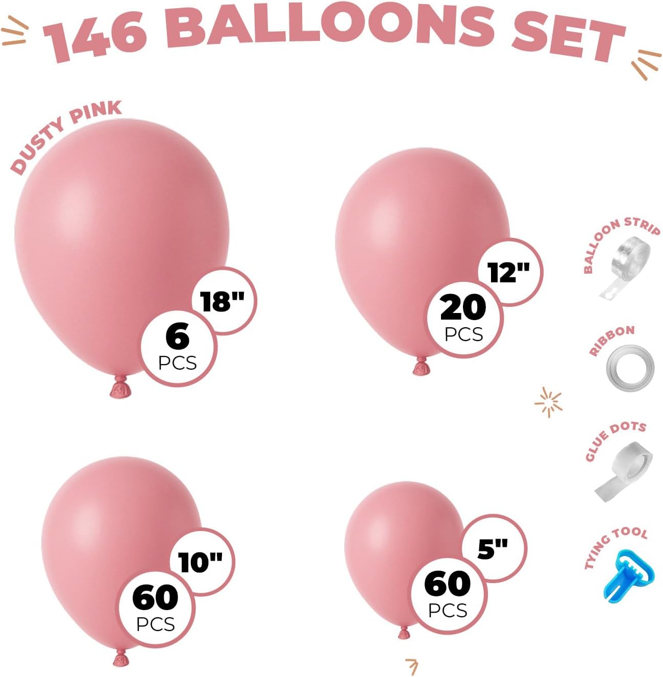 Balloon Garland Arch Kit – 146 Pcs Dusty Pink Balloons for Baby Shower, Birthday, Gender Reveal, Wedding Party – DIY Kit by Vellax™