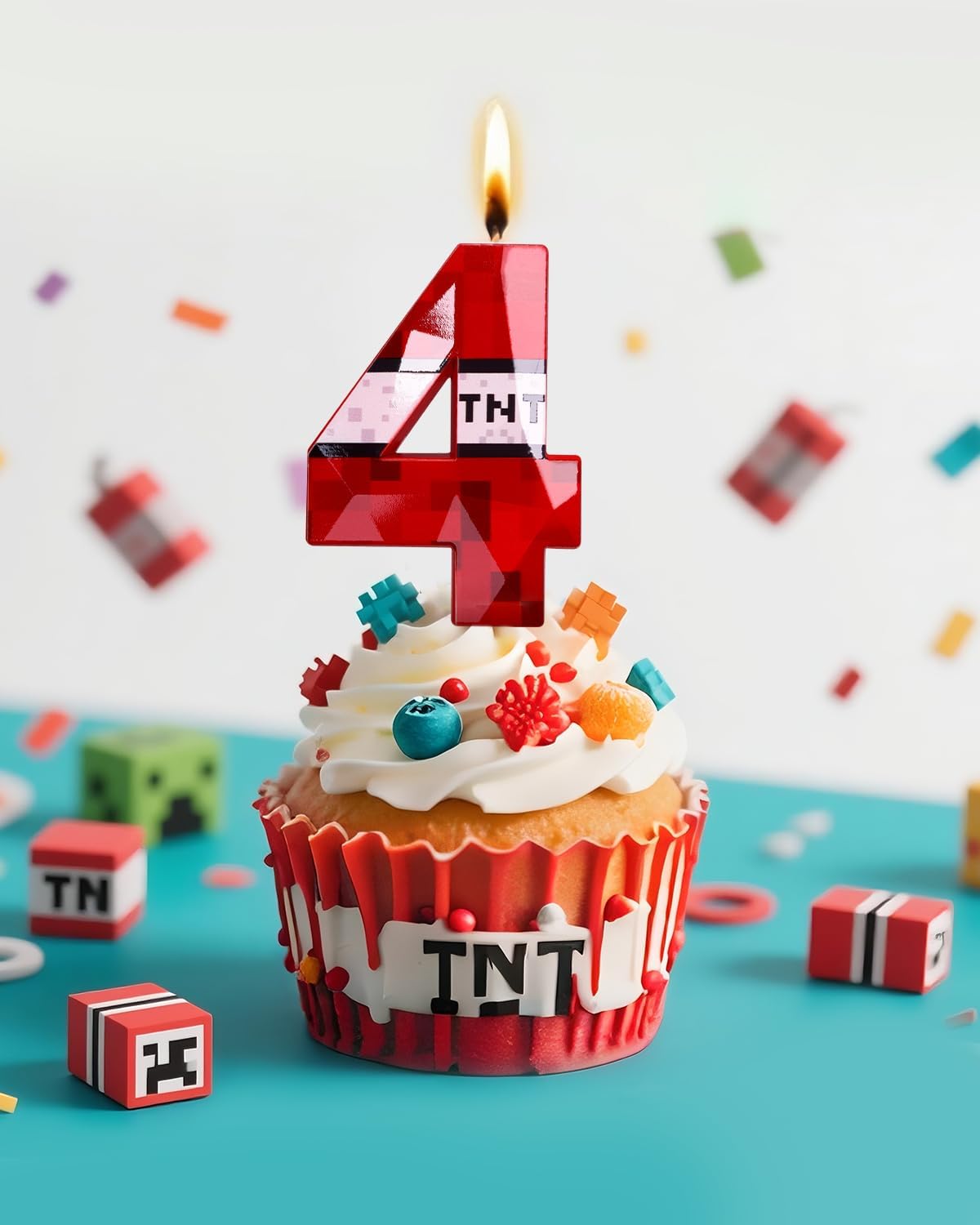 Pixel Birthday Candle, 2.68 Inch Miner Number Candles, Game Themed Candle Birthday Decoration for Pixel Theme Birthday Anniversary Dynamite Video Game Party (Red, 4)