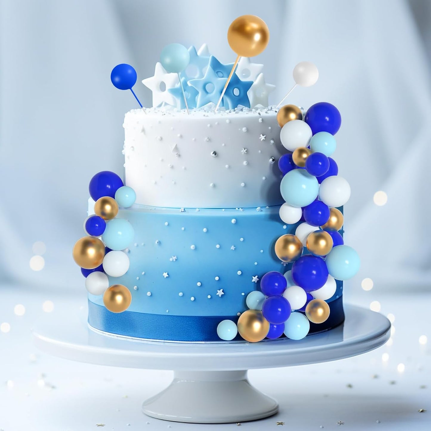 138 Pcs Cake Topper Decorations - Balloon Cupcake Toppers, Foam Balls for Birthday Party, Wedding Anniversary Cake Decor (Assorted Blue, White, Gold)