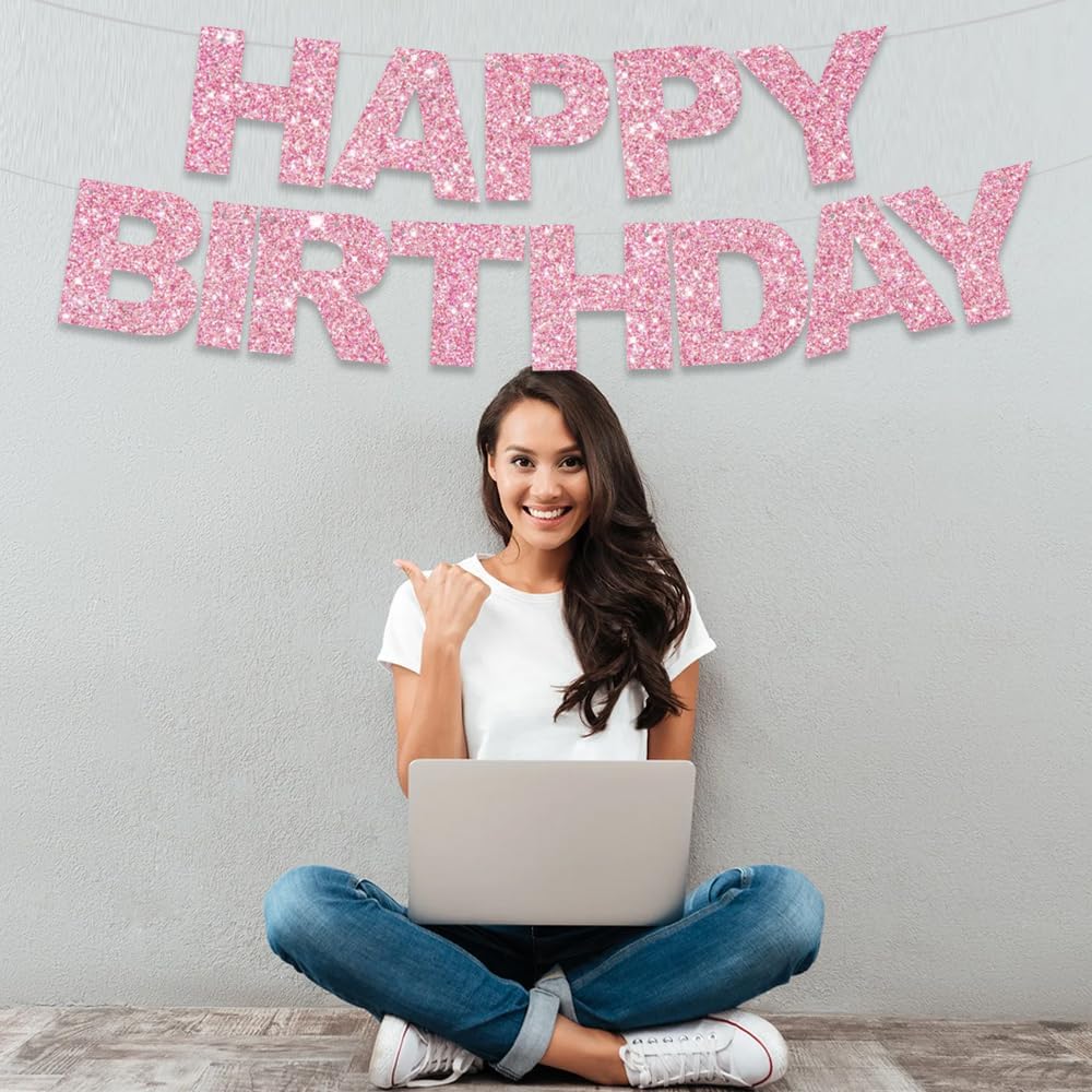 BEISHIDA Pink Happy Birthday Banner - Pre-Strung,No DIY Party Decorations - Happy Birthday Sign - Birthday Banner for Women, Kids - Backdrop