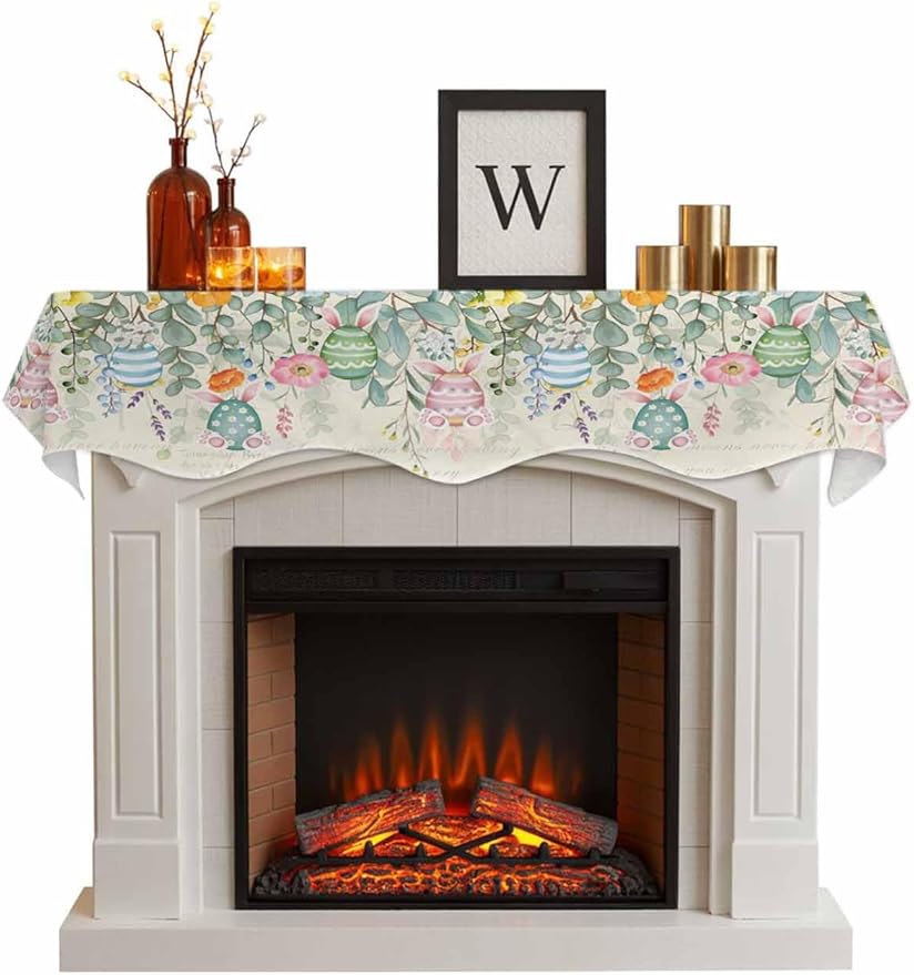 Easter Fireplace Mantel Scarf Table Runner, Spring Colorful Eggs Eucalyptus Leaves Floral Winter Garland Mantel Top Tablerunners Dresser Scarves Cover for Windows Party Living Room 60''x17''