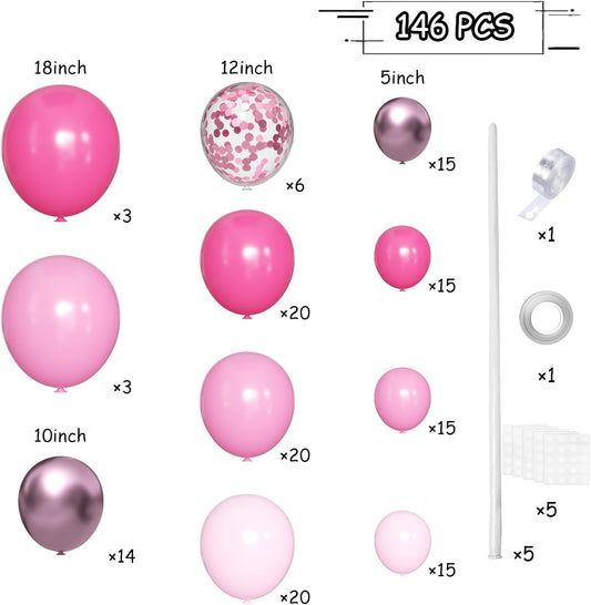 Pink Balloon Arch Kit, 146 PCS Hot Pink Light Pastel Pink Metallic Balloons Garland with Confetti for Bridal Baby Shower Birthday Princess Wedding Party Decorations