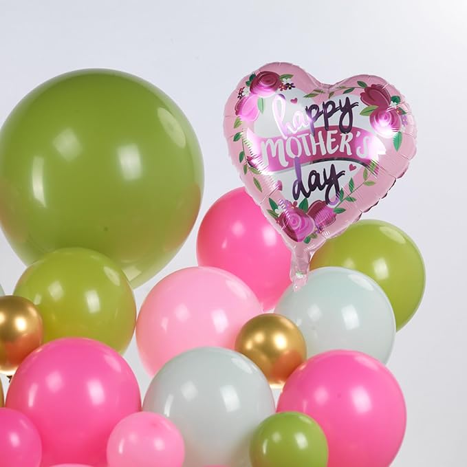 Mothers day Balloon Garland Kit with Pink and Green Foil Heart Letters Floral Basket Daisy Balloons for Indoor Outdoor Premium Rustic Elegant Party Decorations Party Supplies (Green Pink)
