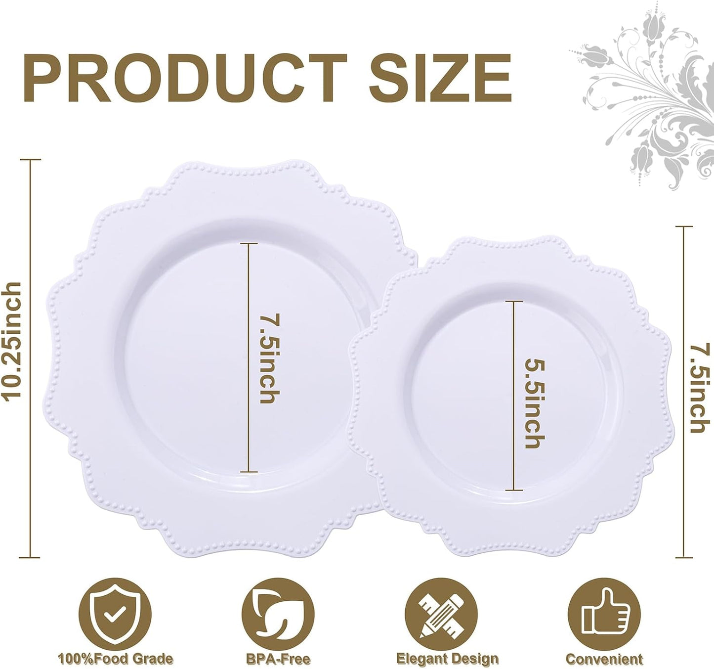 COLOSUS 100 pcs White Plastic Plates Set,Fancy Beaded Plates-European Retro plates include 50 dinner plates and 50 dessert plates,Plastic Disposable plates for Halloween,Thanksgiving,BBQ and Party