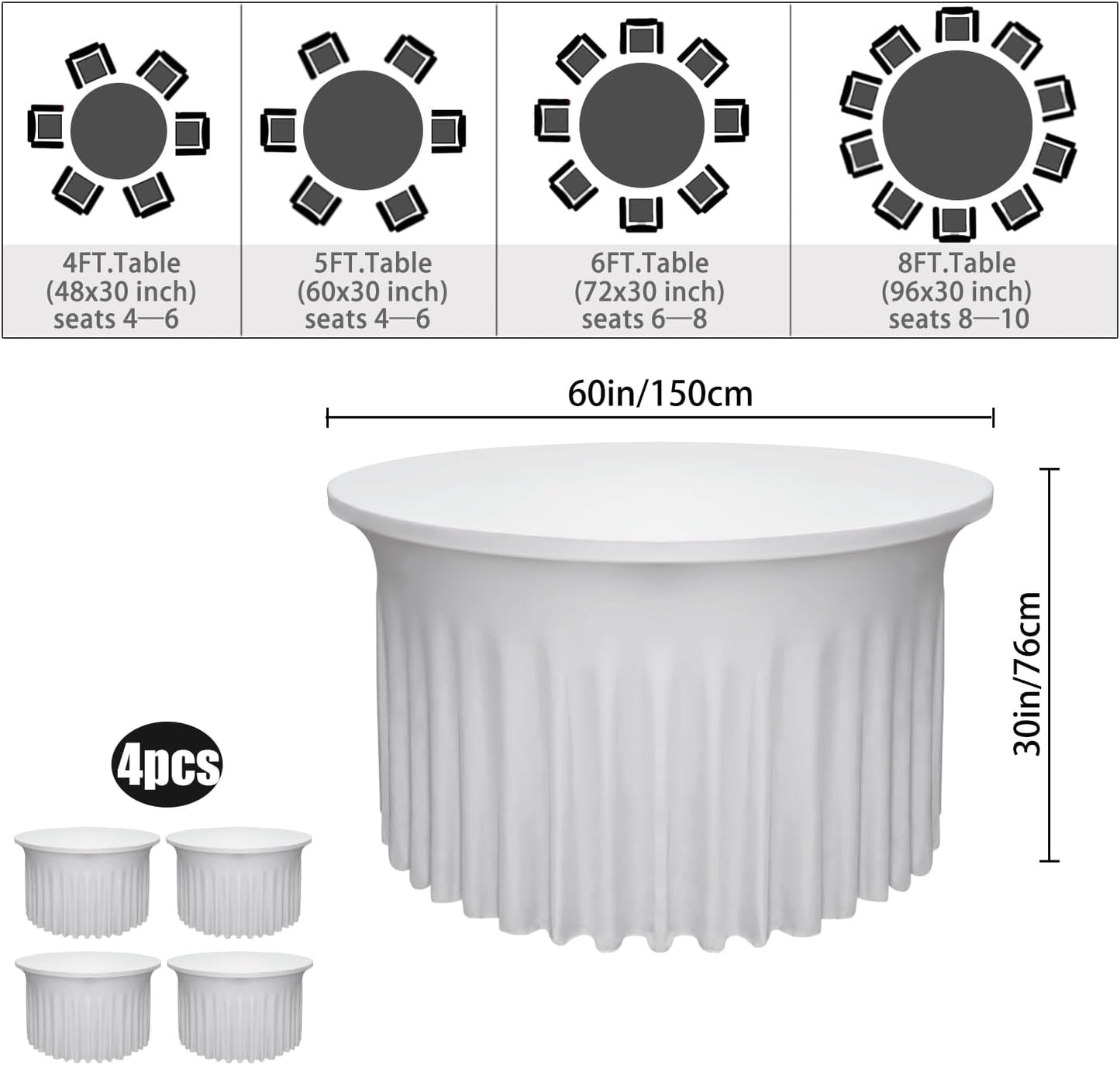 4 Pack - White Round Table Skirt (60" Diameter x 30" H) for 5ft Tables | Polyester Spandex Washable Cover | Wrinkle & Stain Resistant | Wedding, Party, Banquet Decor