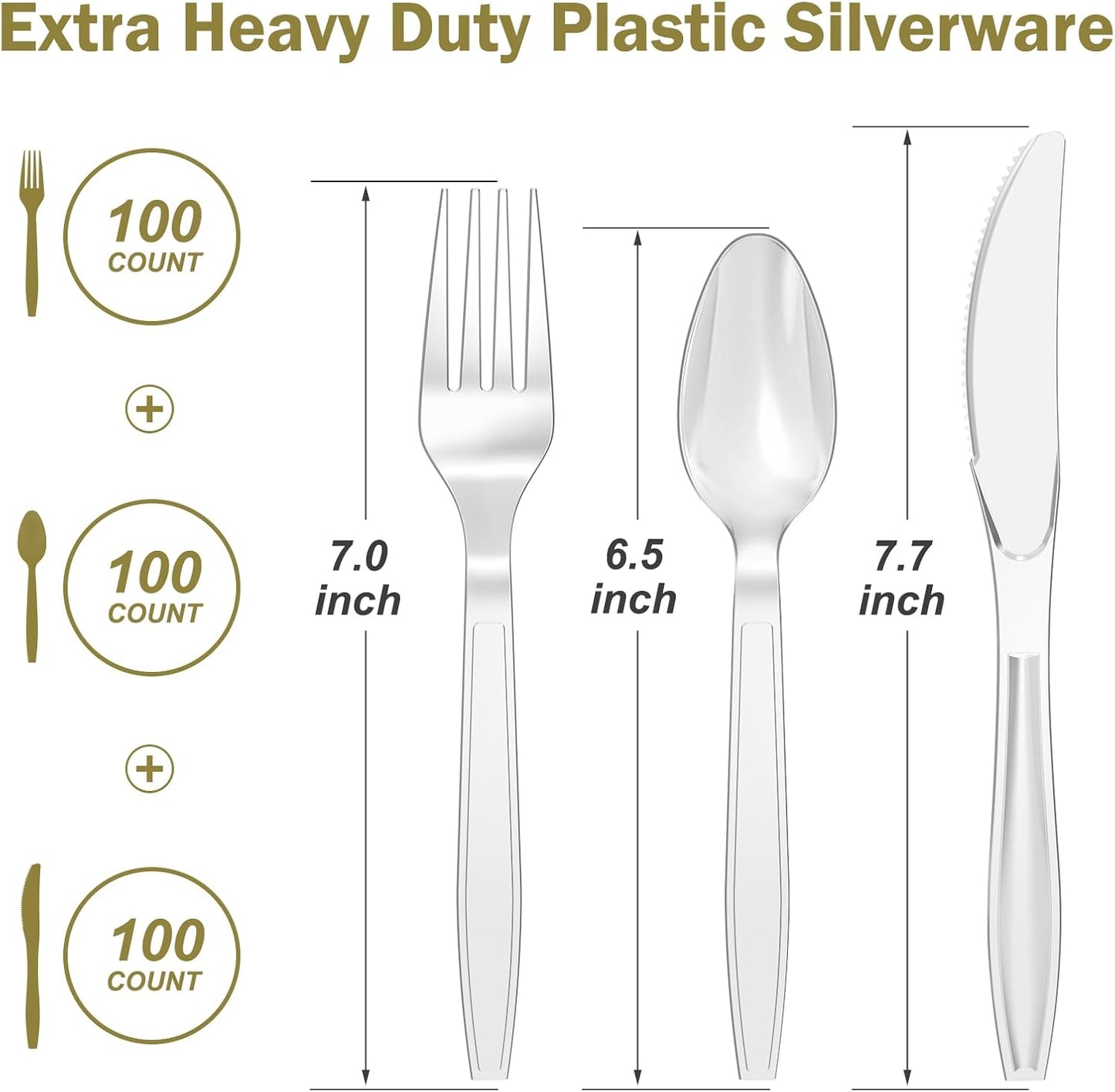 300 Count Extra Heavy Duty Silver Plastic Silverware, 100 Forks, 100 Spoons, 100 Knives, BPA-Free, Heat Resistant, Disposable Plastic Utensils Set, Plastic Cutlery Set, Plasticware Bulk