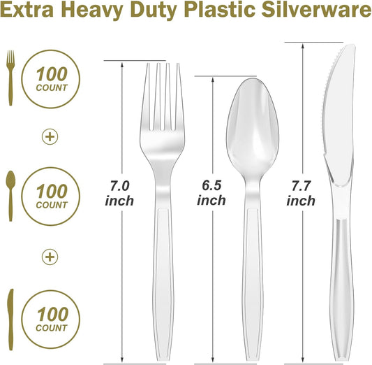 300 Count Extra Heavy Duty Silver Plastic Silverware, 100 Forks, 100 Spoons, 100 Knives, BPA-Free, Heat Resistant, Disposable Plastic Utensils Set, Plastic Cutlery Set, Plasticware Bulk