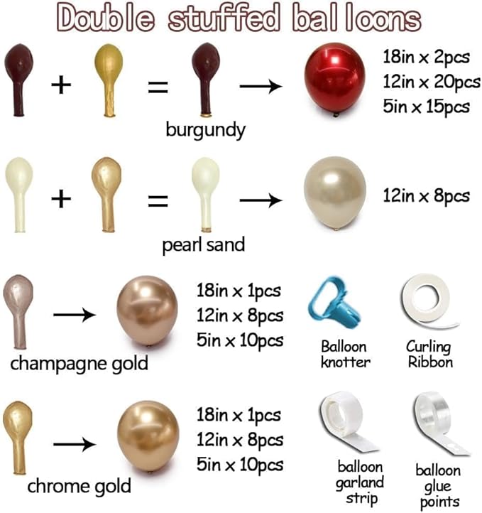 Burgundy Gold Balloon Garland Double Stuffed Dark Red Rose Gold Maroon Champagne Balloon Arch Kit for Mother's Day Wedding Birthday Bridal Graduation Anniversary Party Decorations