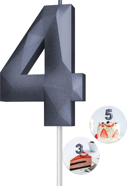 Number Birthday Candles(4 Candle Black) 3D Diamond Shape 4th Happy Birthday Cake Topper Decorations for Boy Men Birthday Wedding Anniversary Celebration Theme Party Supplies