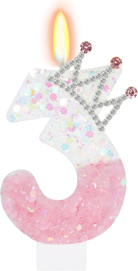 Pink White Number 3 Candle, Glitter Crown Cake Topper, Princess Birthday Party Decorations for Girls and Women Anniversary Celebrations Party Favors