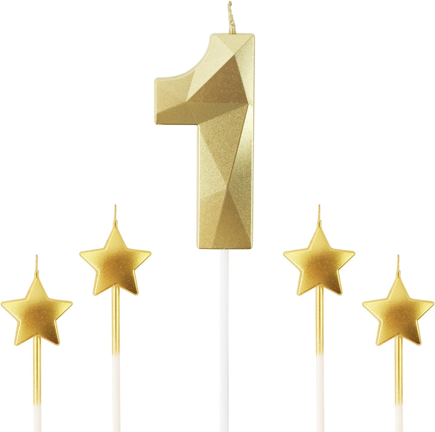 Golden Number 1 2.76 inch 3D Diamond Shaped Birthday Candles - Suitable for Birthday Parties and Anniversary Cake Decorations