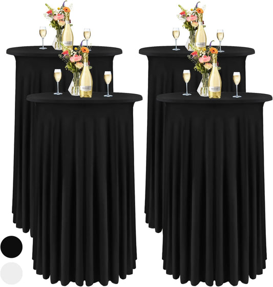 Spandex Cocktail Table Skirt 32x43 Inch Stretch Cocktail Table Cover Round CocktailTablecloth with Wavy Drapes Spandex Fitted High Top Table Covers for Wedding, Banquets and Party (Black, 4 Pack)
