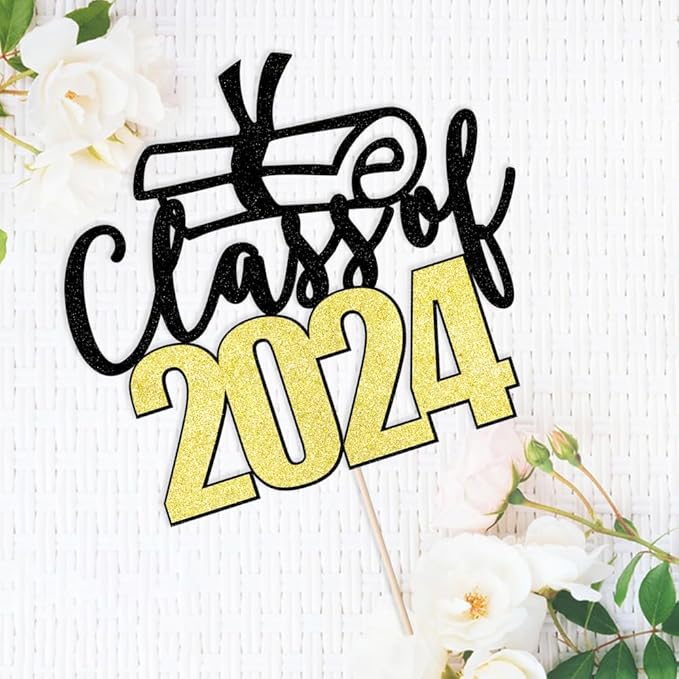 Class of 2024 Cake Topper - Congrats Grad Cake Toppers - Glitter Graduation Party Decorations