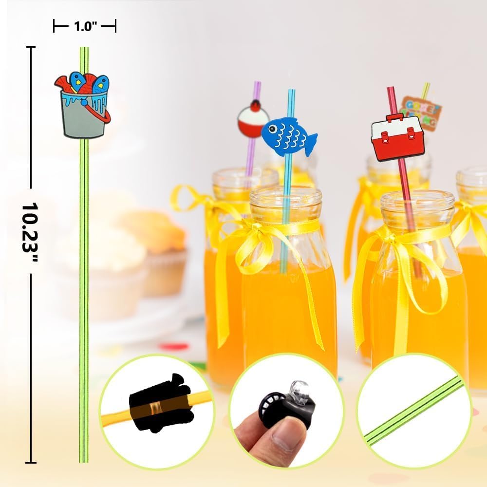 24PCS Fishing Party Favors,Summer Fishing Themed Birthday Party Supplies，Kids Daily Drinking Straws,Birthday Parties,Class Reunions,With 2 Cleaning Brushes.(6color)