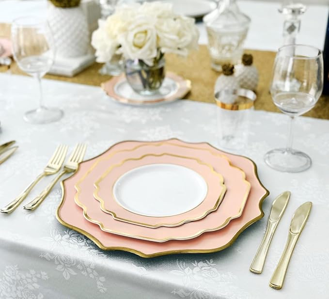 " OCCASIONS " 40 Pieces Round 13'' ACRYLIC MELAMINE Reusable Wedding Charger Plate (Scalloped Pink Blush and Gold)