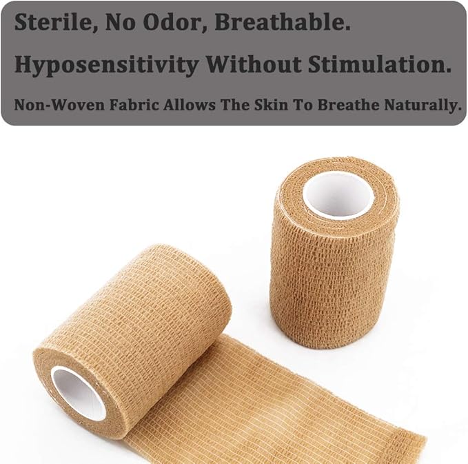 12 Rolls Elastic Self Adhesive Bandage Wrap 3 Inch, Breathable Non Woven Cohesive Bandage, Vet Wrap for Dogs, Ankle Sprains Swelling Medical First Aid Tape, Sports Athletic Tape Brown