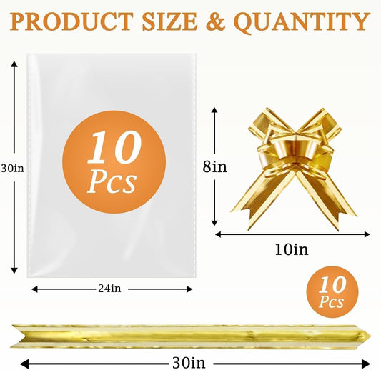 PigPotParty 24"x30" Clear Cellophane Gift Bags - Includes Bows – 10 Pack Large Cellophane Wrap for Gift Baskets, Plastic Gifts Bags for Gift Giving