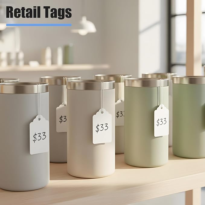 Price Tags with String Attached, 1000pcs White Matte Surface Marking Merchandise Strung Tags Writable Label Small Hang Tag for Pricing Gift Jewelry Clothing Yard Sale Garage Supplies 1.75 x 1.093 inch