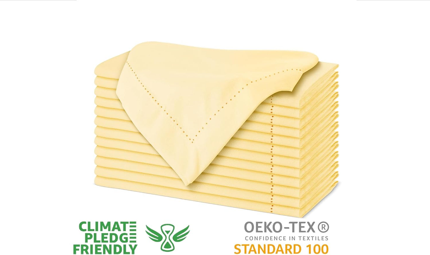 Urban Villa Fall Cloth Napkins Hemstitch Solid Yellow 100% Cotton Absorbent Dinner Napkins (Set of 12) 20x20 Inches Soft Durable Washable Reusable Ideal for Everyday Use Wedding Parties Thanks Giving