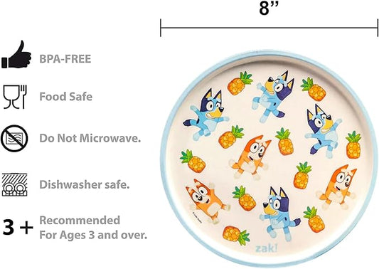 Zak Designs 5-Piece Dinnerware Set, Bluey - Durable Plastic & Stainless Steel - Includes Water Bottle, 8-Inch Plate, 6-Inch Bowl, Fork & Spoon - Suitable for Kids Ages 3+