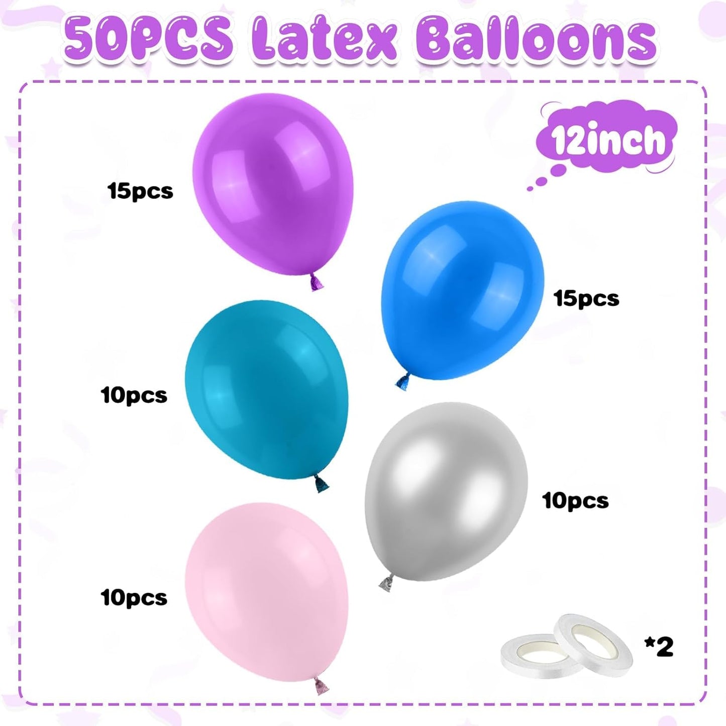 Pink Blue Purple Balloons, 50PCS 12 Inchs Pink Metallic Blue Silver Theme Balloon Latex Balloons for Kids Birthday Hawaii Tropical Party Supplies Baby Shower Party Decorations