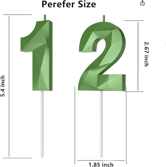 Number Birthday Candles(12 Candle Green) 3D Diamond Shape Number Happy Birthday Cake Candles for Birthday Party Wedding Decoration Reunions Theme Party