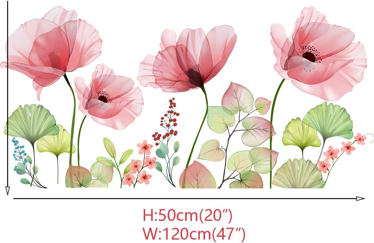 Runtoo Poppy Flowers Wall Stickers Floral Leaf Wall Art Decals Living Room Bedroom Nursery Wall Decor