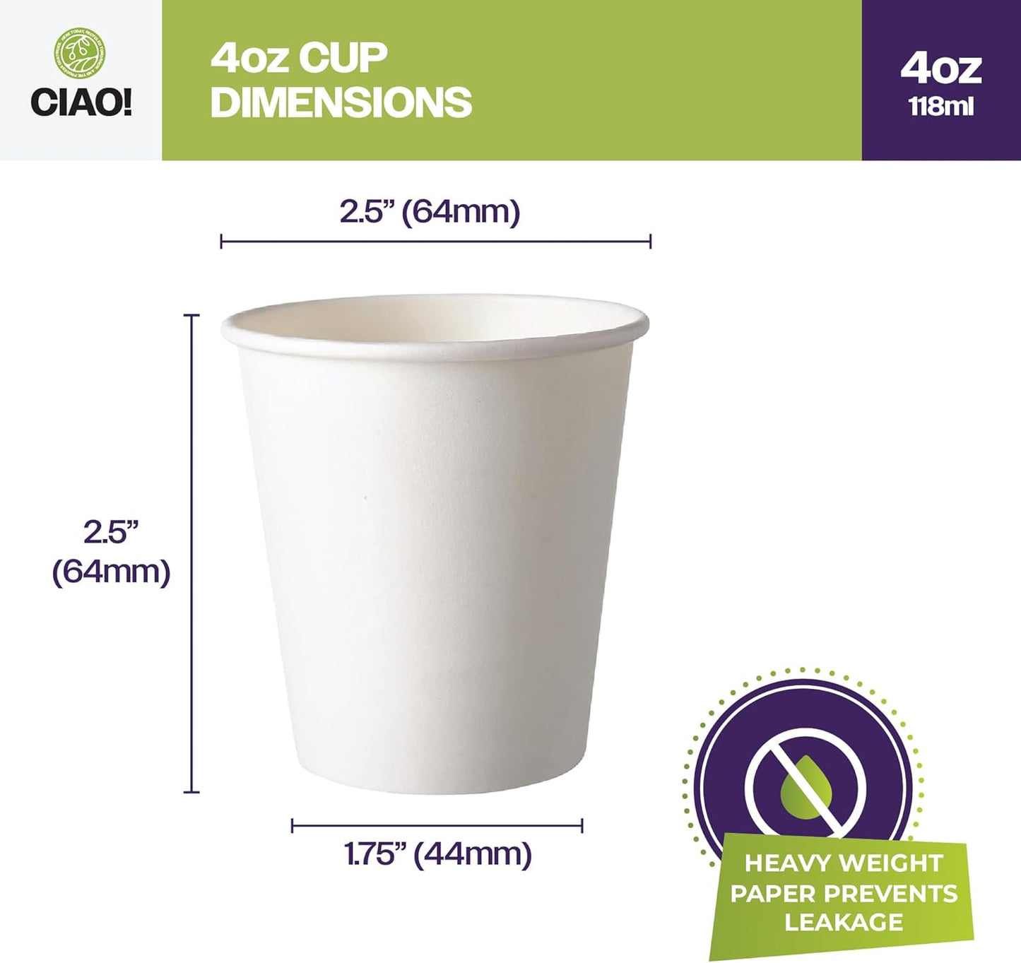CIAO! 4oz White Paper Hot Cup, Disposable, 63mm Diameter 2,000 Count