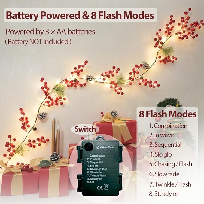 6.56FT Christmas Garland Decorations Red Berry Garlands with Lights 96 Fairy LED Lights Lighted Pine Garland for Mantle Fireplace Table Stairs Railing Xmas Tree Indoor Outdoor Winter Holiday Decor
