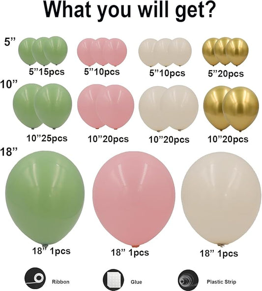Sage Green Pink Balloon Garland Arch Kit 143pcs White Sand Chrome Gold and Pastel Balloons Garland for Girls Baby in Bloom Baby Shower Mothers Day Jungle Safari Boho Birthday Party Decorations