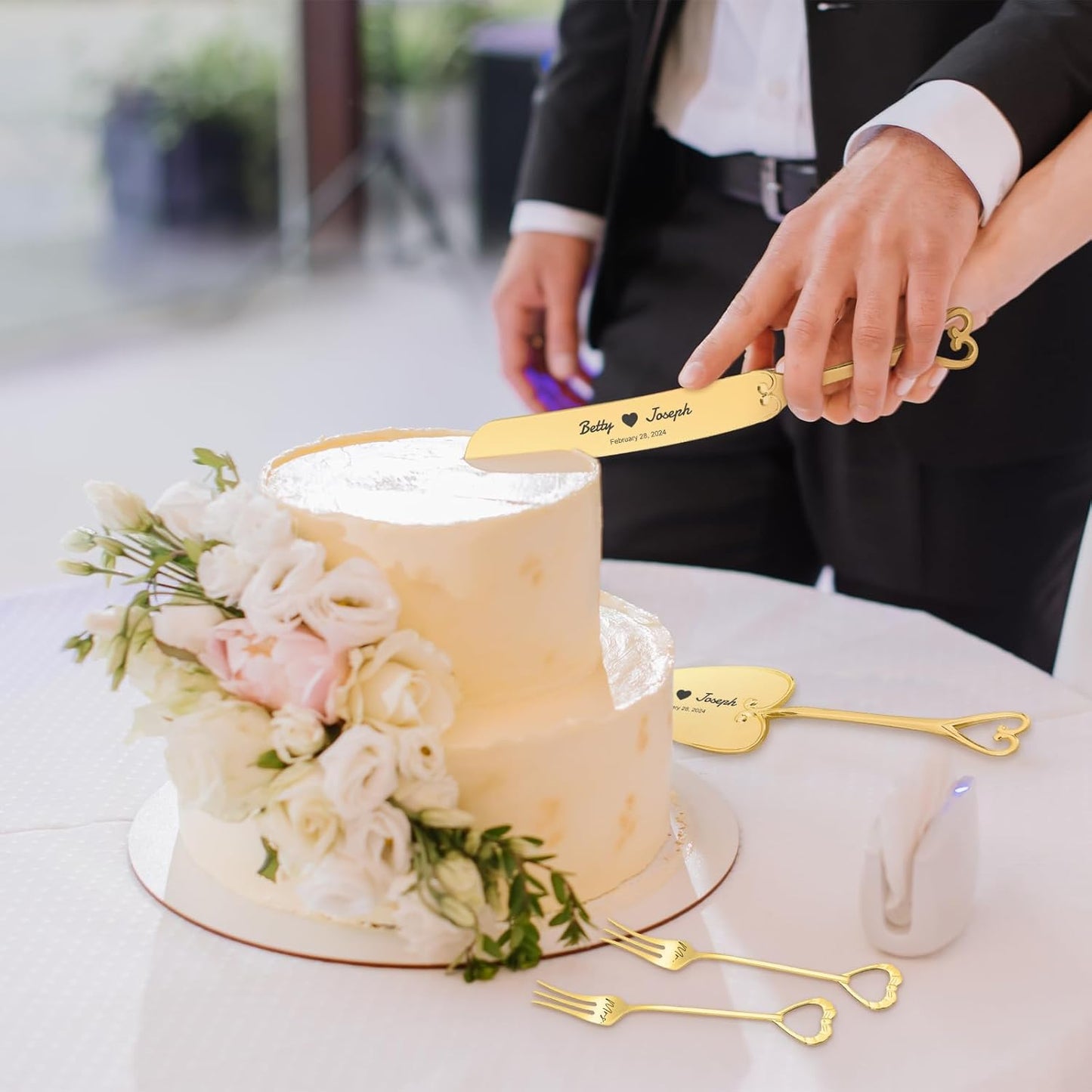 Personalized Wedding Cake Knife and Server Set Engraved Gold Cake Cutter Server Forks Custom Cake Cutting Set for Wedding Anniversary Engagement Birthday Gifts