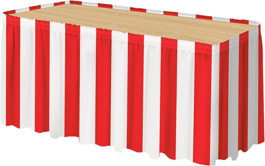 durony 1 Pack Red and White Striped Table Skirt Circus Theme Party Supplies Carnival Table Skirt for Carnival Home Party Decoration, 165 x 30 Inches
