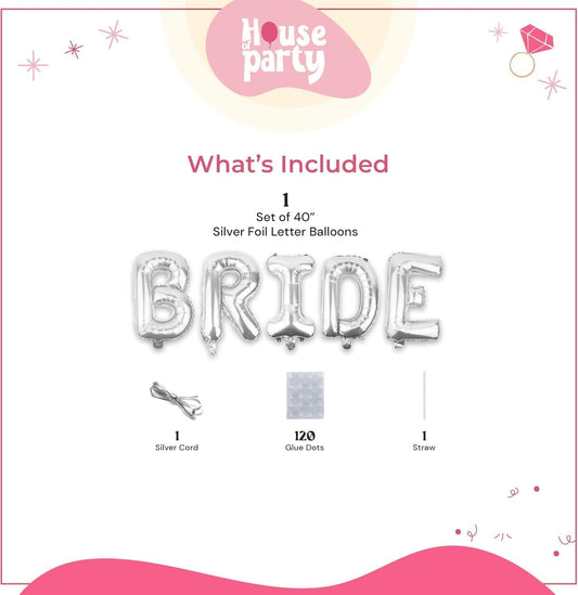 HOUSE OF PARTY Silver Bride Balloon - 40'' Foil Balloons for Wedding Bridal Shower Engagement Party Decor - Bachelorette Party Supplies for Bride-to-Be!