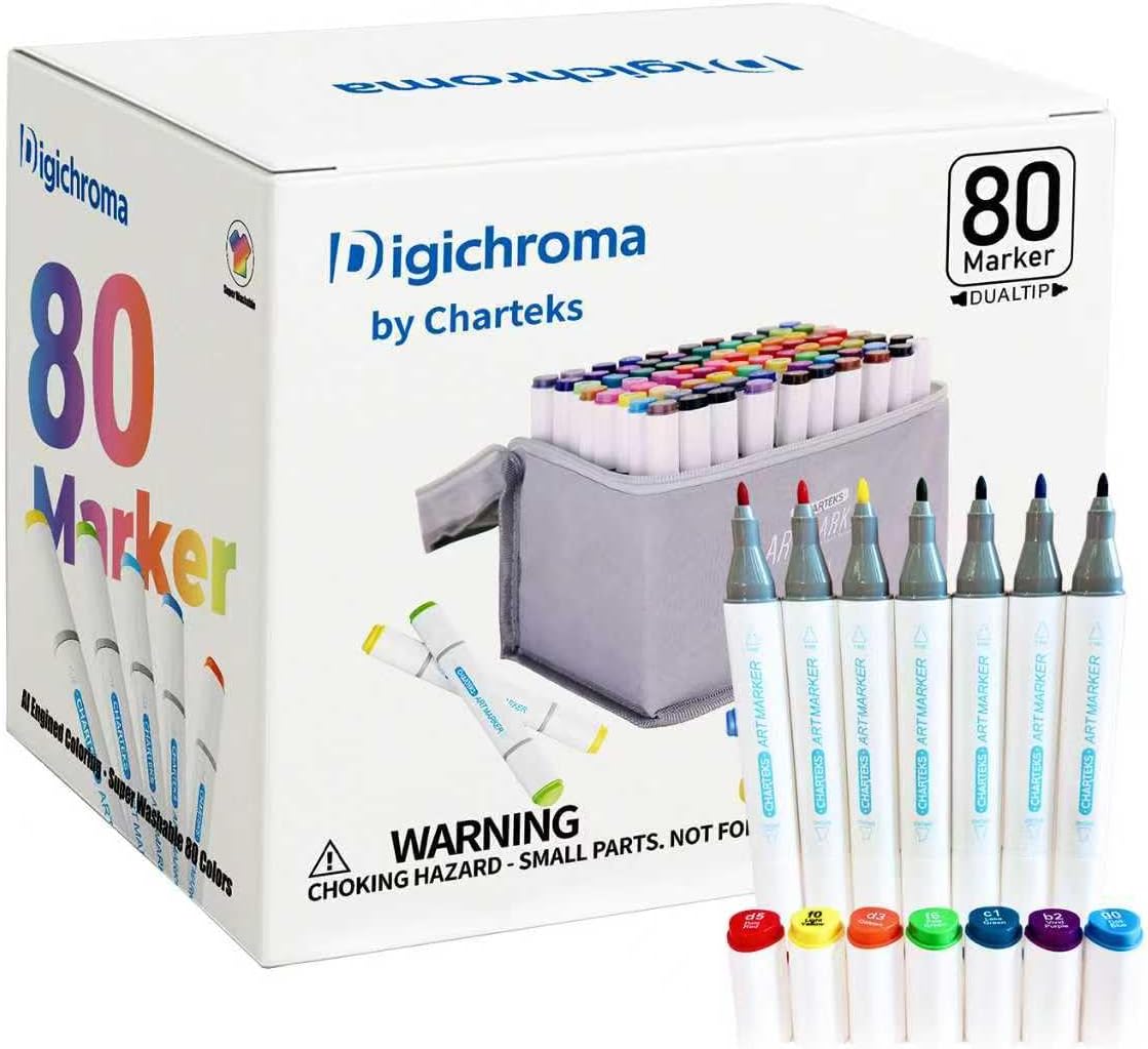 CHARTEKS 80 Colors Art Markers, Dual Tips Drawing Markers Set for Kids & Adults, No Bleed Through Coloring Marker Pens for Sketching, Bullet Journaling, Beginner Artist Supplies (Water-Based)