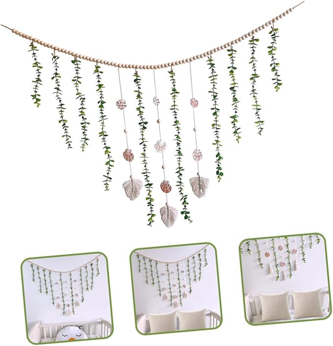 Nordic Style Wooden Bead Garland with Simulated Eucalyptus Leaves and Shells Lightweight Hanging Wall Decor for Bedroom Window Shelf Festive Photo Prop and Home Decoration