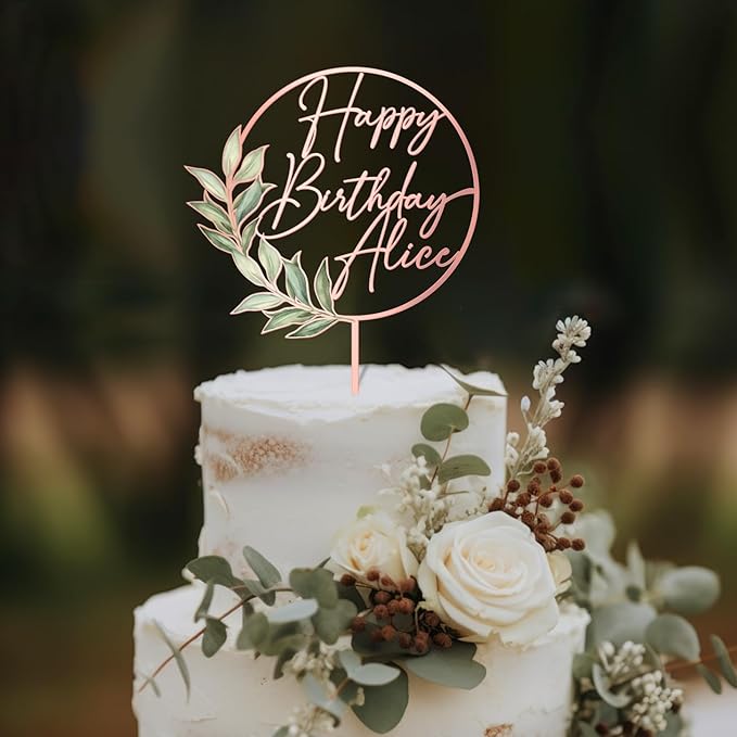 Happy Birthday Cake Topper Custom Name Personalized Birthday Cake Decoration with Green Leaves (Style 01)