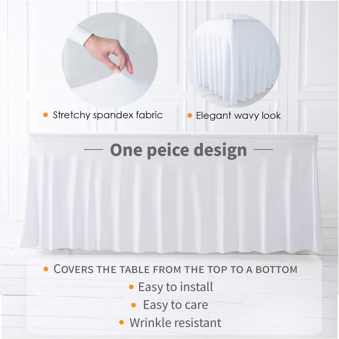 Your Magic Moment Spandex Table Skirt for Rectangle 6 Foot Tables 6ft White 1 Piece Fitted Covers White Tablecloth for Parties Birthday Banquette Bridal Baby Shower Cocktail Party