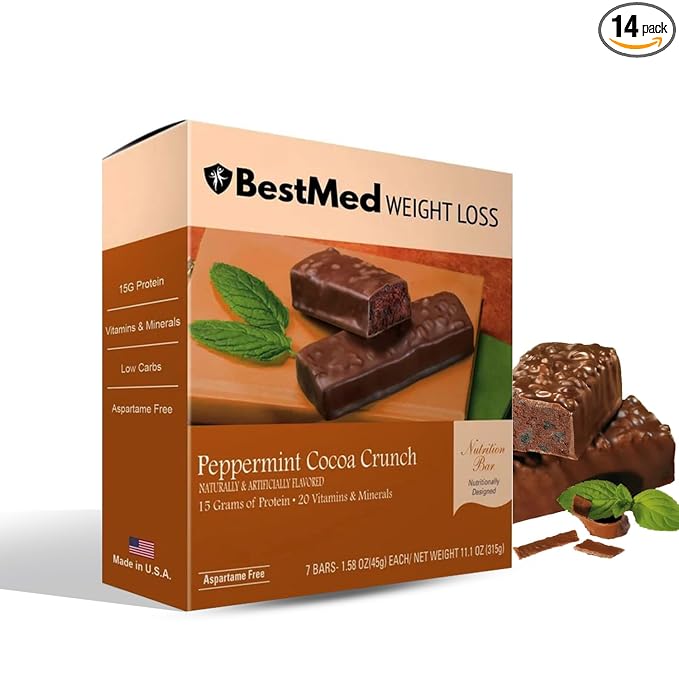 BestMed - High Protein Nutrition Bar - Low-Carb, 15g Protein, Low Sugar, High Fiber, Low Calorie, Meal Replacement Bar (Peppermint Cocoa, 2 Box - 14 Count)
