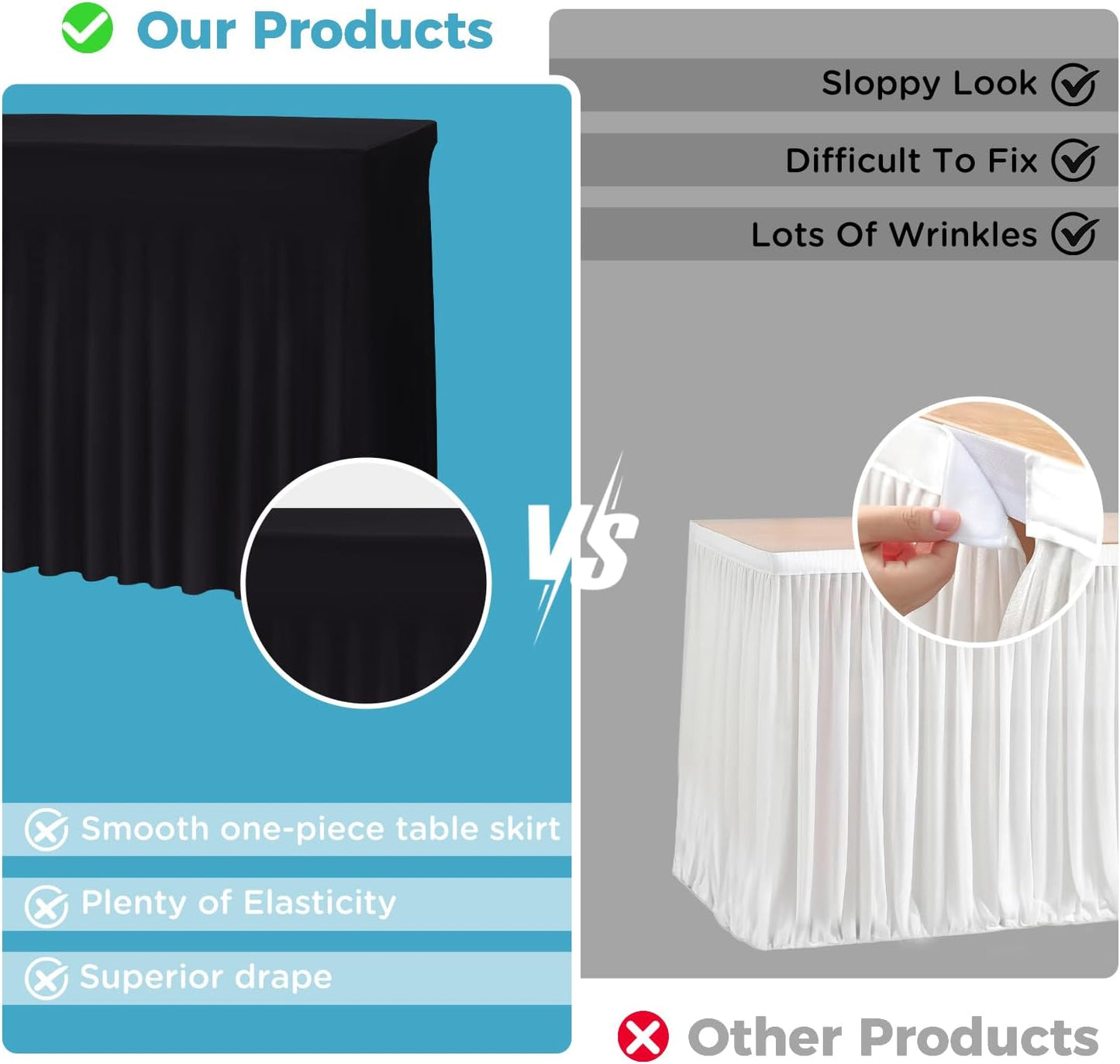 Table Skirts for 6ft Rectangle Tables - 2PCS Black Table Covers for 6 Foot Tables, Wrinkle Resistant Ruffles Elastic Table Cloths and Table Skirt for Banquets/Weddings/Parties/Birthday