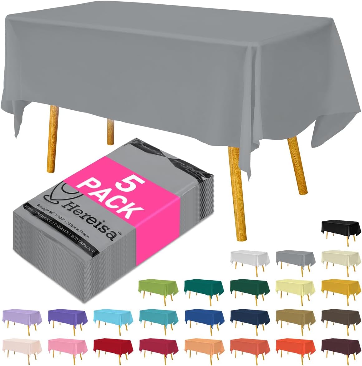 Disposable Plastic Tablecloth Silver 54x108 Inch, 5-Pack Waterproof Rectangular Table Cover for Parties, Picnics, Dining Protection