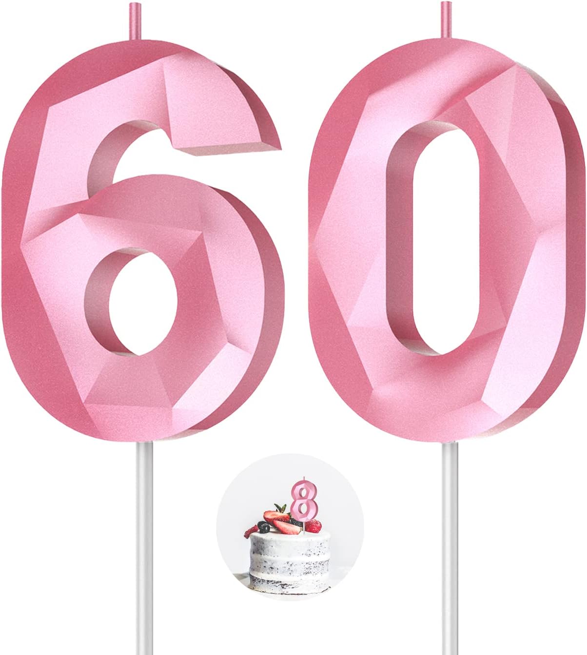 Number Birthday Candles(60 Candle Pink) 3D Diamond Shape 60th Happy Birthday Cake Topper Decorations for Women Men Birthday Wedding Anniversary Celebration Theme Party Supplies