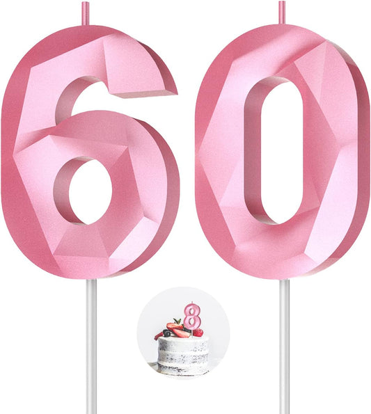 Number Birthday Candles(60 Candle Pink) 3D Diamond Shape 60th Happy Birthday Cake Topper Decorations for Women Men Birthday Wedding Anniversary Celebration Theme Party Supplies