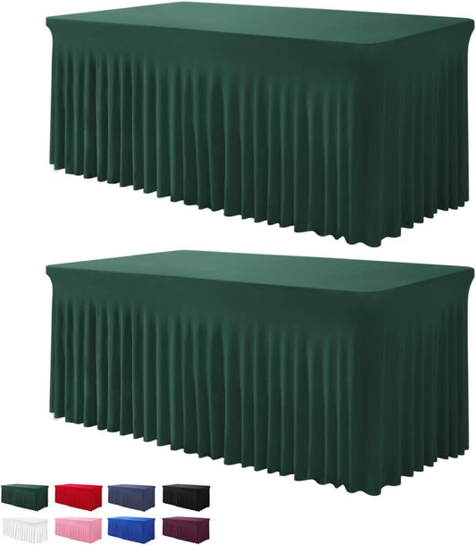 Table Skirt for 4 Foot Tables - 2 Pack One-Piece Hunter Green Tablecloths and Skirt, Wrinkle Resistant Ruffles Elastic Cover for Banquets, Weddings, Events, Parties