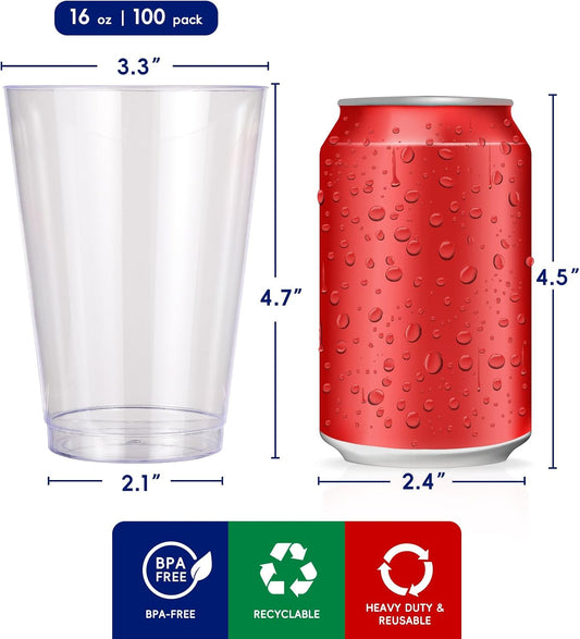 JOLLY CHEF 16 oz Clear Disposable Plastic Cups, 100 Pack Heavy-duty Plastic Cups Tumblers,Perfect for for Halloween, Christmas, and Thanksgiving Parties