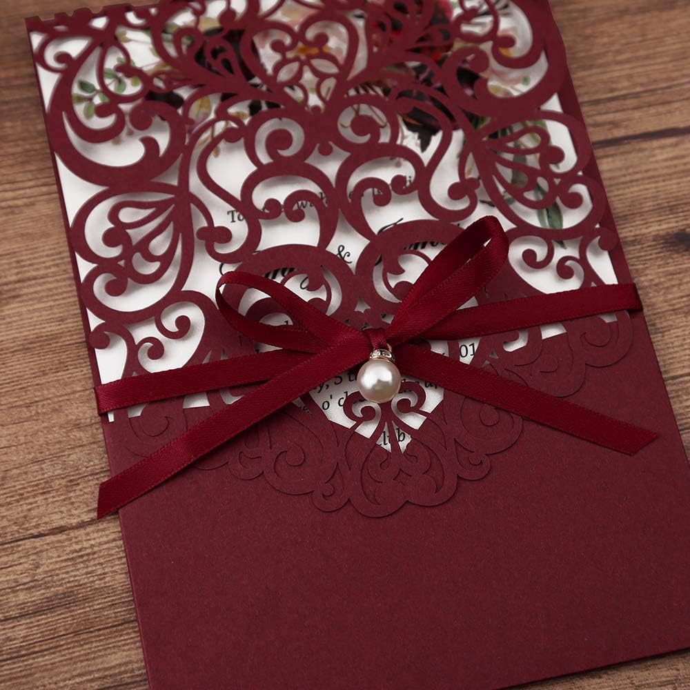 5X7.2 Inch 50PCS Personalized Laser Cut Burgundy Wedding Invitations with RSVP Cards and Envelopes, Wedding Invitation Cards with Ribbon Belly Band Pearl Embellishments