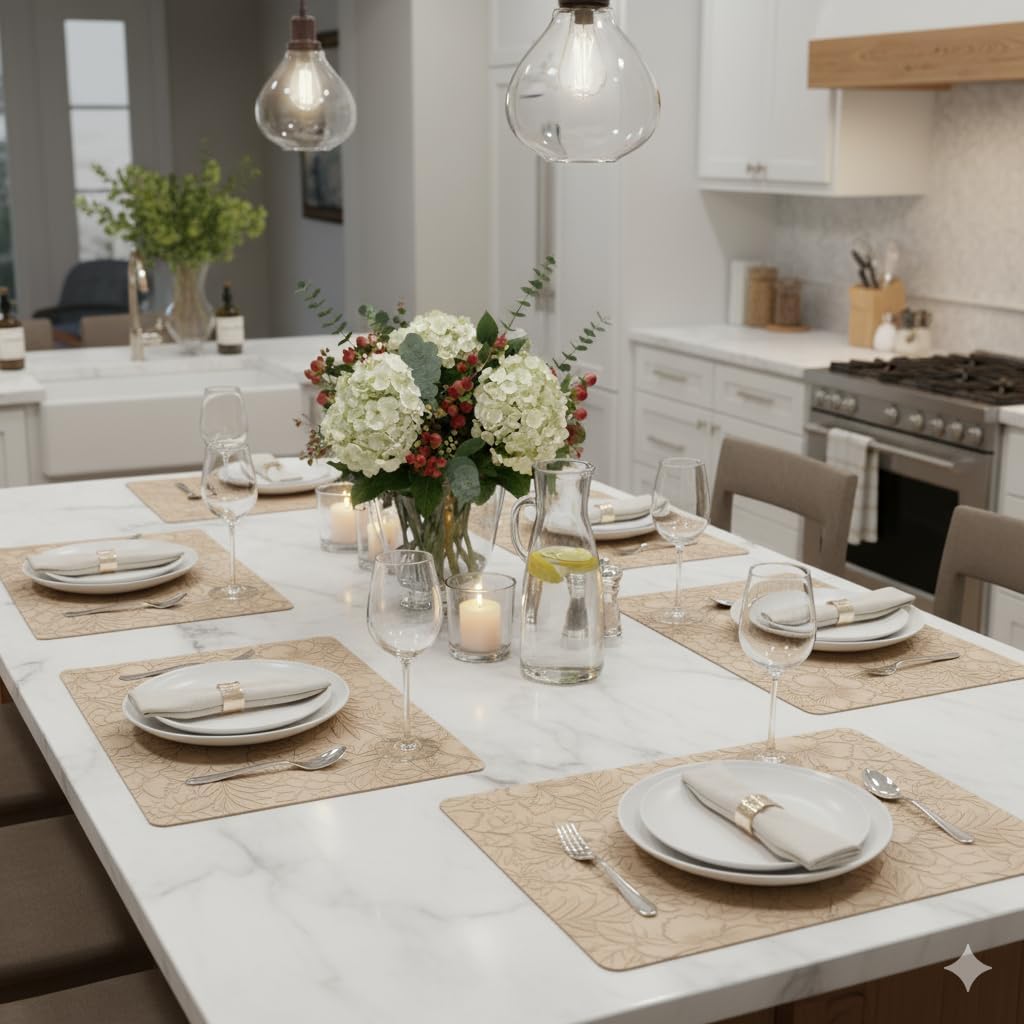 SolaraDawn Faux Leather Placemats Set of 4 Beige, 17" × 12" Waterproof & Heat-Resistant Dining Place Mats, Easy Wash Clean, Wipeable & Anti-Slip Table Mats with Shallow Embossed Texture