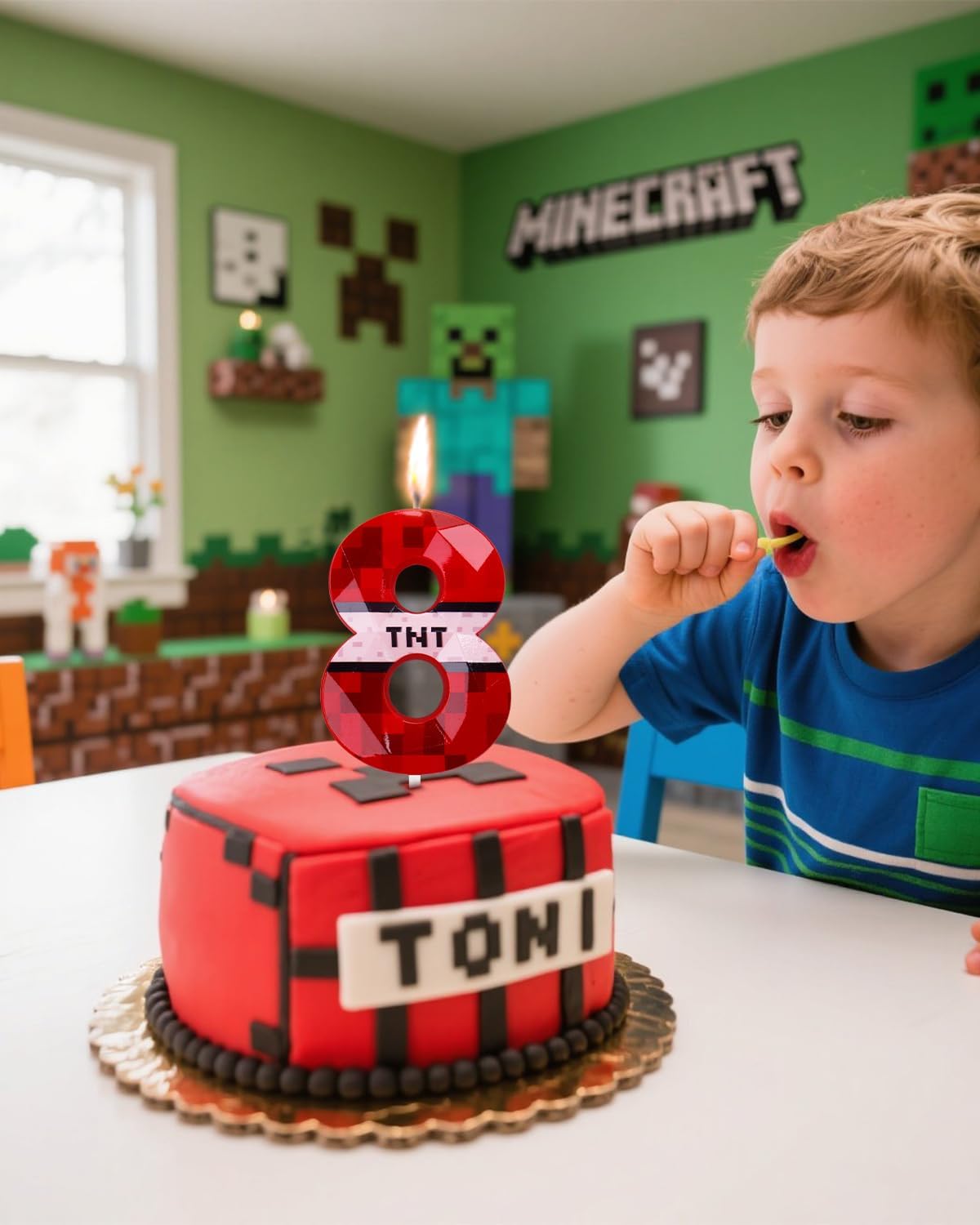 Pixel Birthday Candle, 2.68 Inch Miner Number Candles, Game Themed Candle Birthday Decoration for Pixel Theme Birthday Anniversary Dynamite Video Game Party (Red, 8)