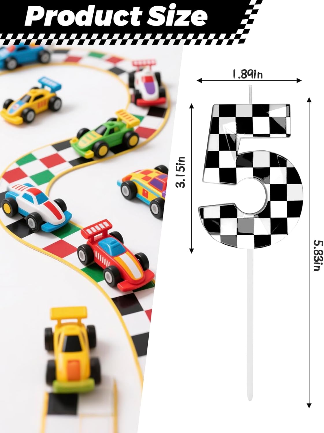 Number 5 Racing Cars Birthday Candles,2.68 Inch Black White Checkered Birthday Number Candles, Cool Racing Themed Number Candles for Boys and Girls, Kids Race Car Themed Party Decorations Supplies
