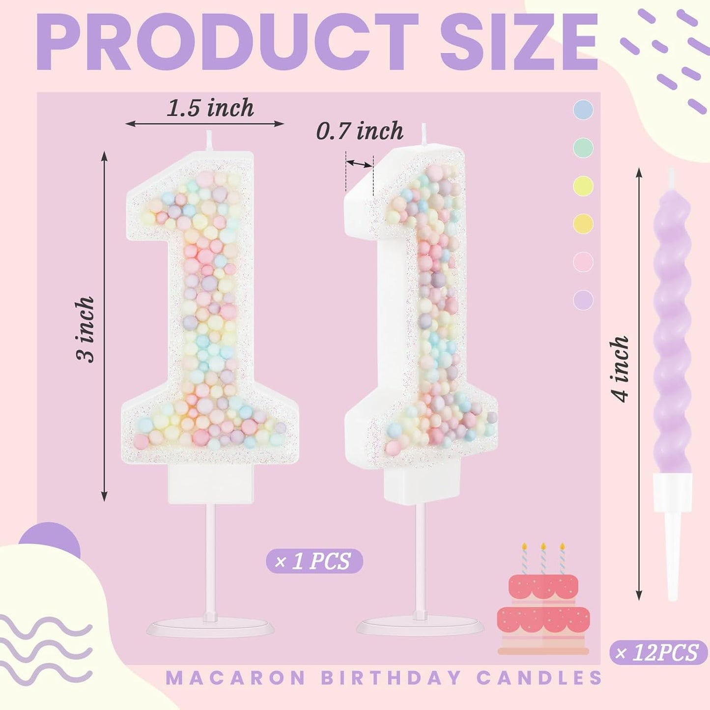 MTLEE Number 1 Birthday Candle with 12 Pcs Spiral Candles for Girls Macaron Pastel Rainbow Unicorn Pink Cake Topper for Sweet Theme Party Decoration