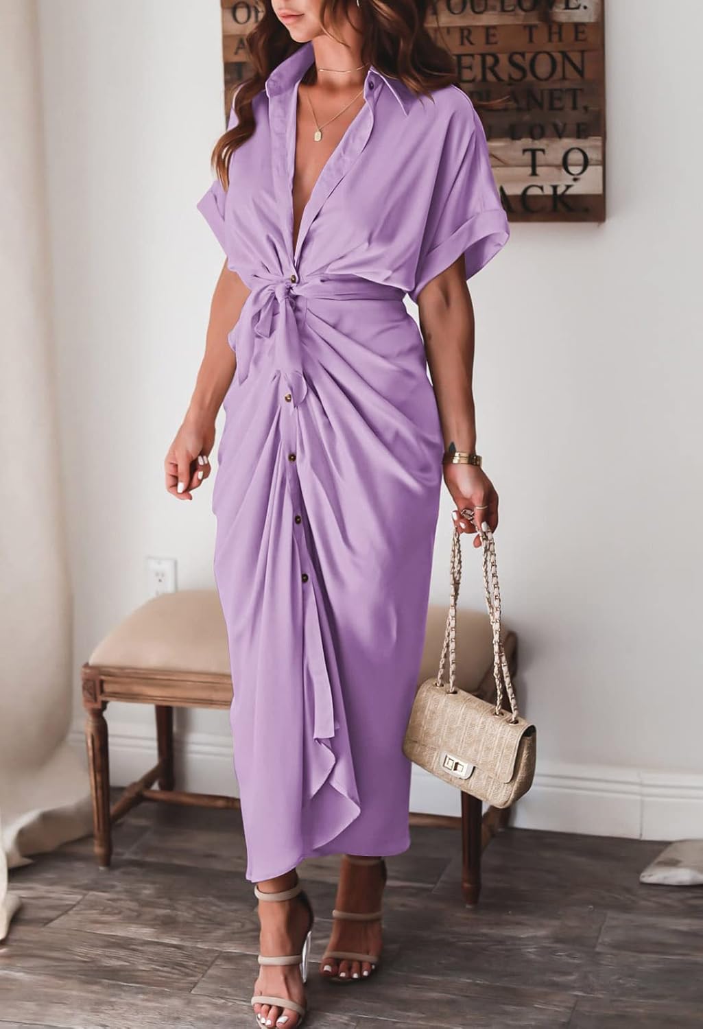 Women Elegant Satin Button Down Short Sleeve Maxi Shirt Dress with Belt